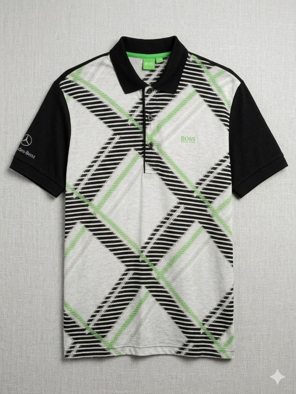 BOSS Black, White & Lime Geometric Polo Sz Large